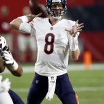 Chicago Bears quarterback Mike Glennon (8) throws against the Arizona Cardinals during the first half of a preseason NFL football game, Saturday, Aug. 19, 2017, in Glendale, Ariz. (AP Photo/Ross D. Franklin)