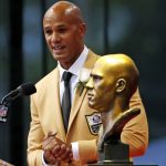 Jason Taylor speaks during his induction at the Pro Football Hall of Fame on Saturday, Aug. 5, 2017, in Canton, Ohio. (AP Photo/Gene J. Puskar)