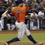 Houston Astros' George Springer follows through his swing for a two-run double against the Arizona Diamondbacks during the second inning of a baseball game Tuesday, Aug. 15, 2017, in Phoenix. (AP Photo/Ross D. Franklin)