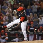 Arizona Diamondbacks' Fernando Rodney follows through on a pitch that was a strike three, for the final out against the San Francisco Giants during a baseball game Saturday, Aug. 26, 2017, in Phoenix. The Diamondbacks defeated the Giants 2-1. (AP Photo/Ross D. Franklin)