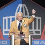 Dallas Cowboys owner Jerry Jones delivers his speech during inductions at the Pro Football Hall of Fame on Saturday, Aug. 5, 2017, in Canton, Ohio. (AP Photo/David Richard)