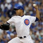 Chicago Cubs starting pitcher Jose Quintana throws against the Arizona Diamondbacks during the first inning of a baseball game Thursday, Aug. 3, 2017, in Chicago. (AP Photo/Nam Y. Huh)