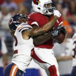 Arizona Cardinals wide receiver Chris Hubert (81) pulls in a catch as Chicago Bears cornerback Cre'von LeBlanc (22) defends during the second half of a preseason NFL football game, Saturday, Aug. 19, 2017, in Glendale, Ariz. (AP Photo/Ross D. Franklin)