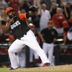 Arizona Diamondbacks' Fernando Rodney celebrates after the final out of the team's baseball game against the San Francisco Giants on Friday, Aug. 25, 2017, in Phoenix. The Diamondbacks defeated the Giants 4-3. (AP Photo/Ross D. Franklin)