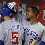 Chicago Cubs' Jon Jay, right, congratulates Albert Almora Jr. (5), who scored against the Arizona Diamondbacks during the eighth inning of a baseball game Friday, Aug 11, 2017, in Phoenix. (AP Photo/Ross D. Franklin)
