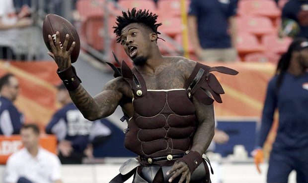 Arizona Cardinals cornerback Brandon Williams wears a costume during warm ups prior to an NFL prese...