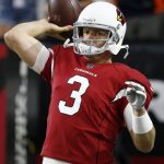 Arizona Cardinals quarterback Carson Palmer (3) warms up prior to a preseason NFL football game against the Chicago Bears, Saturday, Aug. 19, 2017, in Glendale, Ariz. (AP Photo/Ross D. Franklin)