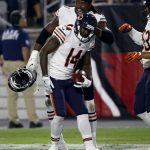 Chicago Bears wide receiver Deonte Thompson (14) celebrates his touchdown against the Arizona Cardinals during the first half of a preseason NFL football game, Saturday, Aug. 19, 2017, in Glendale, Ariz. (AP Photo/Ross D. Franklin)