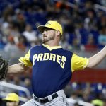 San Diego Padres' Travis Wood winds up during the first inning of a baseball game against the Miami Marlins, Friday, Aug. 25, 2017, in Miami. (AP Photo/Wilfredo Lee)