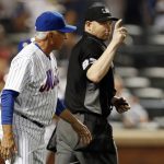 New York Mets manager Terry Collins challenges a call by home plate umpire Mike Estabrook during the seventh inning of a baseball game against the Arizona Diamondbacks on Monday, Aug. 21, 2017, in New York. (AP Photo/Adam Hunger)