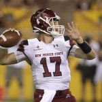 New Mexico State quarterback Tyler Rogers throws a pass during the first half of an NCAA college football game against Arizona State, Thursday, Aug. 31, 2017, in Tempe, Ariz. (AP Photo/Rick Scuteri)