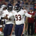 Chicago Bears outside linebacker Sam Acho (93) celebrates a sack against the Arizona Cardinals during the first half of a preseason NFL football game, Saturday, Aug. 19, 2017, in Glendale, Ariz. (AP Photo/Ross D. Franklin)
