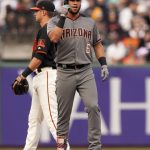Arizona Diamondbacks' David Peralta (6) pumps his fist after leading off the second inning of a baseball game with a double against the San Francisco Giants, Saturday, Aug. 5, 2017, in San Francisco. (AP Photo/D. Ross Cameron)