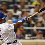 New York Mets Yoenis Cespedes hits an RBI single during the seventh inning of a baseball game against the Arizona Diamondbacks on Monday, Aug. 21, 2017, in New York. (AP Photo/Adam Hunger)