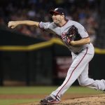 FILE - in this July 21, 2017, file photo, Washington Nationals starting pitcher Max Scherzer throws to the Arizona Diamondbacks during the first inning of a baseball game in Phoenix. Scherzer will start the second game of the Nationals' day-night doubleheader against the San Francisco Giants on Sunday, Aug. 13, well, because he feels like it. Manager Dusty Baker said Scherzer preferred to pitch at night. (AP Photo/Matt York, File)