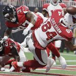 Arizona Cardinals tight end Jermaine Gresham (84) loses the ball in the end zone as Atlanta Falcons free safety Ricardo Allen (37) makes a hit during the first half of an NFL football game, Saturday, Aug. 26, 2017, in Atlanta. (AP Photo/David Goldman)