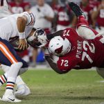 Chicago Bears quarterback Mitchell Trubisky (10) is sacked by Arizona Cardinals defensive tackle Olsen Pierre (72) during the second half of a preseason NFL football game, Saturday, Aug. 19, 2017, in Glendale, Ariz. (AP Photo/Ralph Freso)