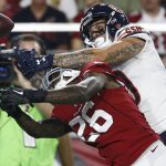 Arizona Cardinals cornerback Brandon Williams (26) breaks up a pass intended for Chicago Bears wide receiver Tanner Gentry (19) during the second half of a preseason NFL football game, Saturday, Aug. 19, 2017, in Glendale, Ariz. (AP Photo/Ross D. Franklin)