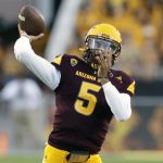 Arizona State Manny Wilkins warms up before the team's NCAA college football game against New Mexico State, Thursday, Aug. 31, 2017, in Tempe, Ariz.. (AP Photo/Rick Scuteri)