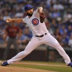 Chicago Cubs starter Jake Arrieta delivers during the first inning of a baseball game against the Arizona Diamondbacks Wednesday, Aug. 2, 2017, in Chicago. (AP Photo/Paul Beaty)