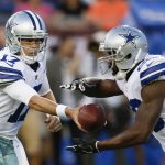 Dallas Cowboys quarterback Kellen Moore (17) hands off to running back Darren McFadden, during the first half against the Arizona Cardinals in the Pro Football Hall of Fame NFL preseason game in Canton, Ohio, Thursday, Aug. 3, 2017. (AP Photo/Ron Schwane)