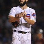 Chicago Cubs starting pitcher Jake Arrieta reacts after giving up a two-run double to Arizona Diamondbacks' Jake Lamb during the sixth inning of a baseball game Wednesday, Aug. 2, 2017, in Chicago. (AP Photo/Paul Beaty)