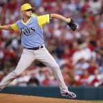 Tampa Bay Rays starting pitcher Jake Odorizzi throws during the first inning against the St. Louis Cardinals in a baseball game Friday, Aug. 25, 2017, in St. Louis. (AP Photo/Scott Kane)