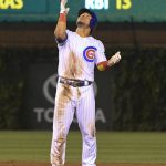 Chicago Cubs' Willson Contreras (40) reacts after hitting a two RBI double during the sixth inning of a baseball game against the Arizona Diamondbacks on Tuesday, Aug. 1, 2017, in Chicago. (AP Photo/Matt Marton)