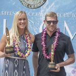 Surfers' Hall of Fame inductees Bethany Hamilton and Mick Fanning pose in Huntington Beach, Calif., Friday, Aug. 4, 2017. (Nick Agro/The Orange County Register via AP)