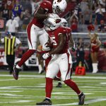 Arizona Cardinals wide receiver Jeremy Ross (15) celebrates his touchdown during the second half of a preseason NFL football game with wide receiver Chad Williams (16), Saturday, Aug. 19, 2017, in Glendale, Ariz. The Bears won 24-23. (AP Photo/Ross D. Franklin)