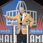 Dallas Cowboys owner Jerry Jones delivers his speech during inductions at the Pro Football Hall of Fame on Saturday, Aug. 5, 2017, in Canton, Ohio. (AP Photo/David Richard)