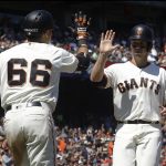 San Francisco Giants' Gorkys Hernandez (66) and Buster Posey celebrate after scoring against the Arizona Diamondbacks during the fifth inning of a baseball game in San Francisco, Sunday, Aug. 6, 2017. (AP Photo/Jeff Chiu)