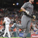 Arizona Diamondbacks' Paul Goldschmidt, right, rounds the bases after hitting a two-run home run, as Houston Astros relief pitcher Luke Gregerson (44) watches the ball leave the yard during the eighth inning of a baseball game, Wednesday, Aug. 16, 2017, in Houston. (AP Photo/Eric Christian Smith)