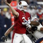 Arizona Cardinals quarterback Carson Palmer (3) throw under pressure against the Chicago Bears during the first half of a preseason NFL football game, Saturday, Aug. 19, 2017, in Glendale, Ariz. (AP Photo/Ross D. Franklin)