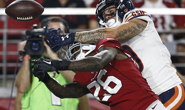 Arizona Cardinals cornerback Brandon Williams (26) breaks up a pass intended for Chicago Bears wide...