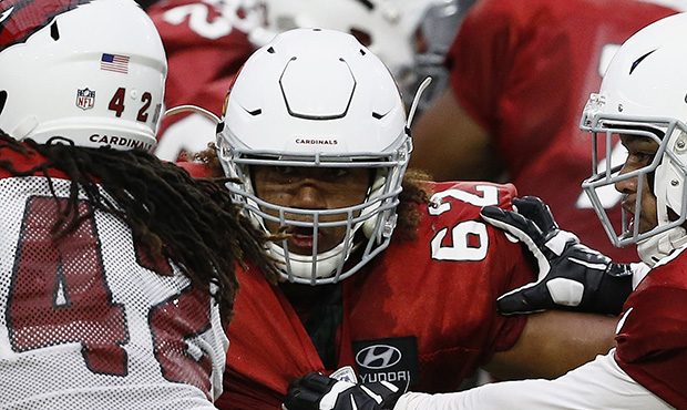 Arizona Cardinals defensive lineman Pasoni Tasini (65) tries to shed a block from offensive lineman...