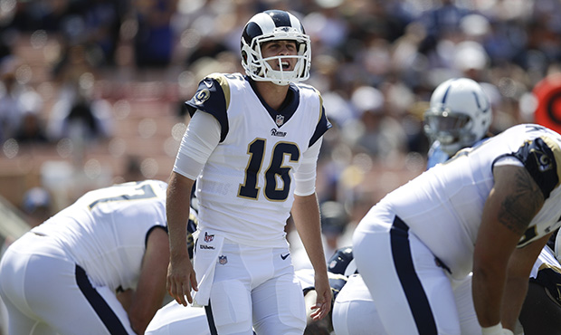 Los Angeles Rams quarterback Jared Goff calls a play during an NFL football game against the Indian...