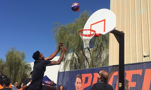 Suns forward Derrick Jones Jr. made the first-ever basket on the newly-renovated Neighborhood Minis...
