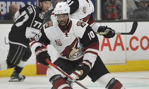 Arizona Coyote left wing Anthony Duclair, of Canada, watches the puck against the Los Angeles Kings...