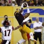 Arizona State's N'Keal Harry (1) makes a touchdown catch as he beats San Diego State's Ron Smith (17) during the first half of an NCAA college football game Saturday, Sept. 9, 2017, in Tempe, Ariz. (AP Photo/Ross D. Franklin)