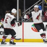 Arizona Coyotes right wing Christian Fischer, right, celebrates his second goal of the night with defenseman Adam Clendening during the second period of a preseason NHL hockey game against the Anaheim Ducks, Wednesday, Sept. 20, 2017, in Anaheim, Calif. (AP Photo/Mark J. Terrill)