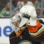 Anaheim Ducks goalie Kevin Boyle makes a glove save during the first period of a preseason hockey game against the Arizona Coyotes, Wednesday, Sept. 20, 2017, in Anaheim, Calif. (AP Photo/Mark J. Terrill)