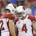 Arizona Cardinals kicker Phil Dawson (4) reacts with Andy Lee after booting a 27-yard field goal during the first half of an NFL football game against the Indianapolis Colts, Sunday, Sept. 17, 2017, in Indianapolis. (AP Photo/AJ Mast)