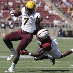 Arizona State running back Kalen Ballage (7) is tackled by Stanford linebacker Bobby Okereke during the first half of an NCAA college football game Saturday, Sept. 30, 2017, in Stanford, Calif. (AP Photo/Marcio Jose Sanchez)