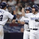 San Diego Padres' Rocky Gale is congratulated at home plate by Dinelson Lamet after hitting a two-run home run during the second inning of a baseball game against the Arizona Diamondbacks Wednesday, Sept. 20, 2017, in San Diego. (AP Photo/Orlando Ramirez)
