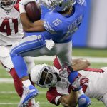 Detroit Lions wide receiver Golden Tate (15) is brought down by Arizona Cardinals defensive back Tyvon Branch (27) as Antoine Bethea (41) looks on during the first half of an NFL football game in Detroit, Sunday, Sept. 10, 2017. (AP Photo/Jose Juarez)