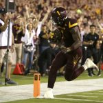 Arizona State wide receiver N'Keal Harry (1) scores a touchdown against Oregon during the first half of an NCAA college football game, Saturday, Sept. 23, 2017, in Tempe, Ariz. (AP Photo/Rick Scuteri)