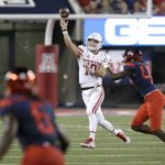 Houston quarterback Kyle Allen (10) throws while pressured by Arizona cornerback Jalen Harris (49) during the first half of an NCAA college football game, Saturday, Sept. 9, 2017, in Tucson, Ariz. (AP Photo/Rick Scuteri)