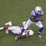 Indianapolis Colts' Robert Turbin (33) is tackled by Arizona Cardinals' Justin Bethel (28) during the first half of an NFL football game Sunday, Sept. 17, 2017, in Indianapolis. (AP Photo/AJ Mast)