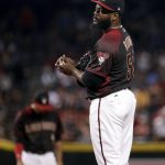 Arizona Diamondbacks relief pitcher Fernando Rodney stands on the mound after giving up the lead during the ninth inning of a baseball game against the San Diego Padres, Saturday, Sept. 9, 2017, in Phoenix. (AP Photo/Matt York)